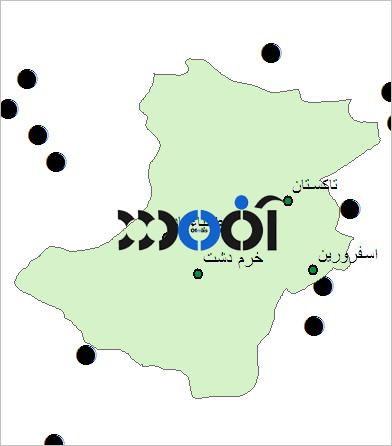 شیپ فایل شهرهای شهرستان تاکستان به صورت نقطه ای